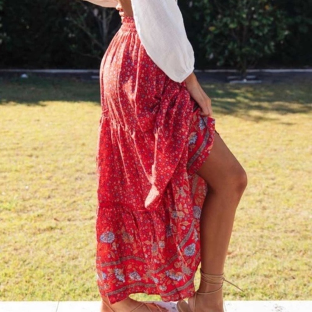 Bohemian Red Floral Print Gypsy Maxi Skirt - Picture 14 of 15
